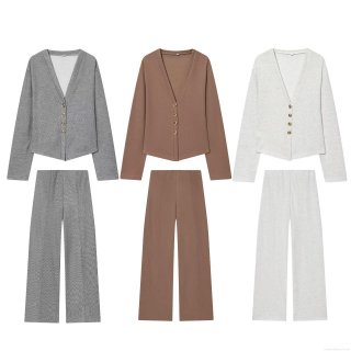 Women's Autumn Ribbed Knit 2 Piece Set V Neck Button Up Cardigan And High Waist Wide Leg Pants Polyester Solid Color Casual Lounge Sets Soft Slim Fit Streetwear Sweatsuit