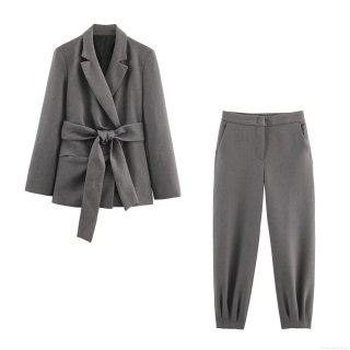 Women's Business Casual Grey Blazer And Tapered Pants Suit Set With Shoulder Pads And Waist Belt Solid Color Two Piece Outfits For Office Daily Streetwear