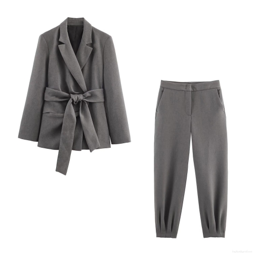 Women's Business Casual Grey Blazer And Tapered Pants Suit Set With Shoulder Pads And Waist Belt Solid Color Two Piece Outfits For Office Daily Streetwear