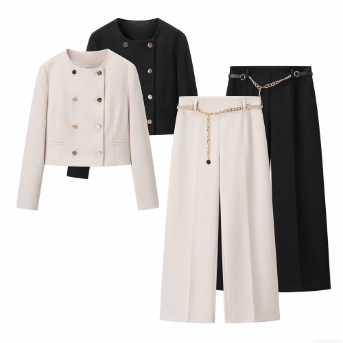 Women Elegant Two Piece Suit Set Round Neck Double Breasted Short Blazer And High Waist Wide Leg Trousers With Metal Chain Belt Solid Color Business Casual Outfits For Office Lady