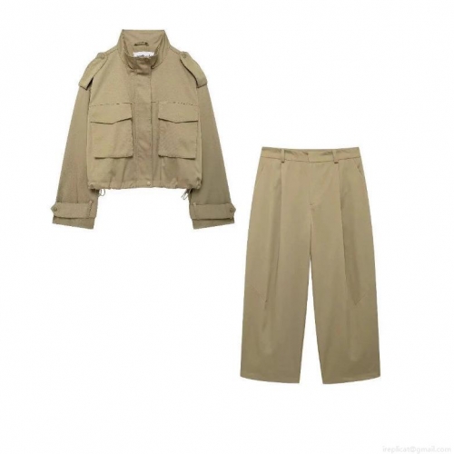 Women's Two Piece Utility Set Khaki Cotton Blend Short Workwear Jacket And High Waist Wide Leg Pants Casual Streetwear Outfits Sets