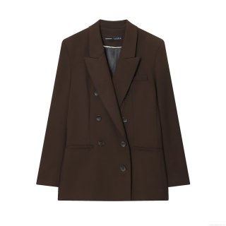 Women's Dark Brown Business Casual Suit Set Double-Breasted Padded Shoulder Blazer and High Waist Straight Wide Leg Pants Elegant Two Piece Set