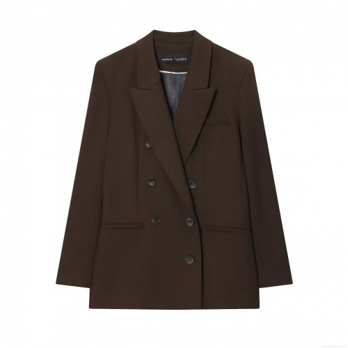 Women's Dark Brown Business Casual Suit Set Double-Breasted Padded Shoulder Blazer and High Waist Straight Wide Leg Pants Elegant Two Piece Set