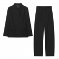 Women's Business Suit Set Thickened Twill Polyester Slim Fit Blazer and High Waisted Wide Leg Pants Elegant Modern Solid Black Two Piece Outfit for Office Career Professional