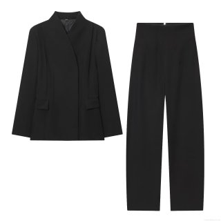 Women's Business Suit Set Thickened Twill Polyester Slim Fit Blazer and High Waisted Wide Leg Pants Elegant Modern Solid Black Two Piece Outfit for Office Career Professional