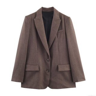 Women's Casual Brown Woven Polyester Blazer and Pants Set Autumn Fashion Streetwear Two-Piece Suit with Back Button Detail for Women Office Ladies