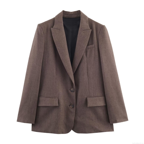 Women's Casual Brown Woven Polyester Blazer and Pants Set Autumn Fashion Streetwear Two-Piece Suit with Back Button Detail for Women Office Ladies