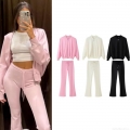 Women's Casual 2 Piece Outfits Solid Color Zipper Stand Collar Jacket And High Waist Flare Pants Tracksuit Set Daily Wear
