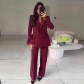 Elegant Women Notched Lapel Blazer and Straight Leg Pants Set with Faux Feather Cuffs Solid Color Commuter Suit Two Piece Outfit For Office Party