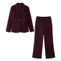 Women's Professional 2 Piece Suit Set Solid Color Notched Lapel Blazer With Straight Leg Pants Slim Fit Office Lady Business Casual Commute Outfits Deep Wine Red