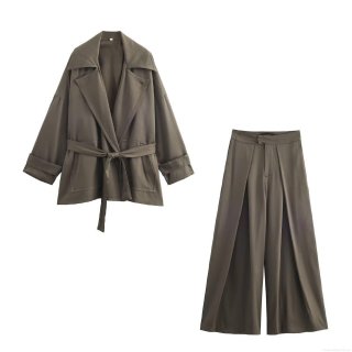 Women's Casual Two Piece Pants Set Elegant Solid Color Belted Blazer Windbreaker Jacket And High Waist Wide Leg Long Trousers Autumn Streetwear Outfit