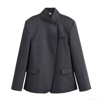 Women Elegant Deep Grey Stand Collar Blazer and Wide Leg Pants Set 100% Polyester Office Professional Slanted Placket Suit Jacket High Waist Striped Trousers Slim Fit Streetwear Chic Outfit