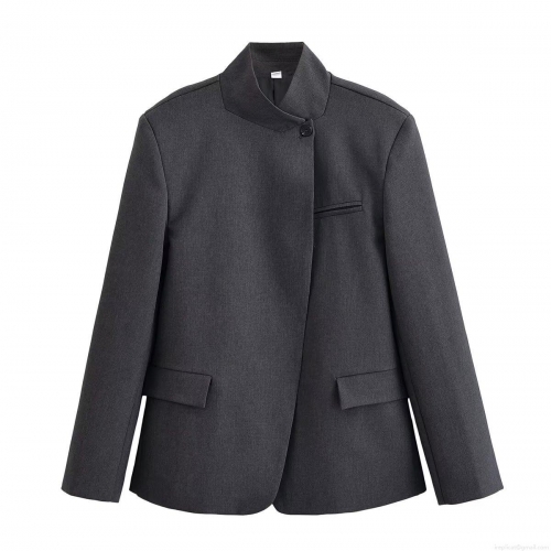 Women Elegant Deep Grey Stand Collar Blazer and Wide Leg Pants Set 100% Polyester Office Professional Slanted Placket Suit Jacket High Waist Striped Trousers Slim Fit Streetwear Chic Outfit