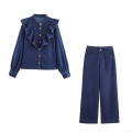 Women's Denim Two Piece Set Ruffle Long Sleeve Shirt and High Waist Wide Leg Pants Streetwear Casual Solid Color Cotton Blend Autumn Outfits
