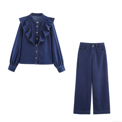 Women's Denim Two Piece Set Ruffle Long Sleeve Shirt and High Waist Wide Leg Pants Streetwear Casual Solid Color Cotton Blend Autumn Outfits