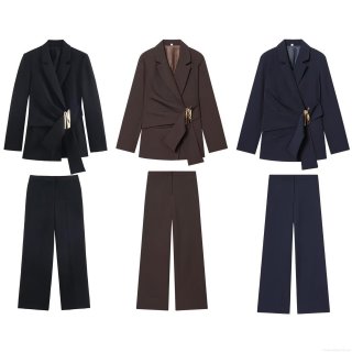 Women's Two Piece Blazer and Pants Set Elegant Solid Color Long Sleeve Office Suit with Metal Buckle Decoration Wide Leg Trousers Autumn Streetwear