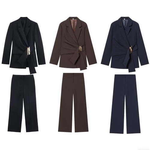 Women's Two Piece Blazer and Pants Set Elegant Solid Color Long Sleeve Office Suit with Metal Buckle Decoration Wide Leg Trousers Autumn Streetwear