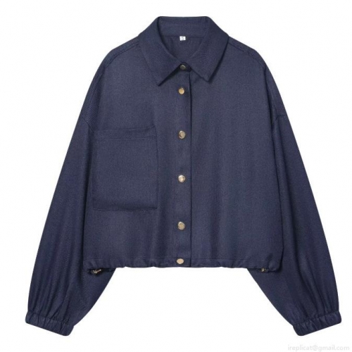 Women's Casual Two Piece Set Polyester Navy Blue Short Balloon Jacket and Wide Leg Pants Workwear Style Streetwear Autumn Outfits For Women