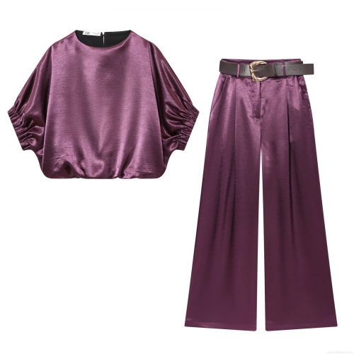 Women's Satin Two-Piece Set Elegant Batwing Sleeve Round Neck Top And High Waist Wide Leg Pants With Leather Belt Chic Solid Color Streetwear Outfit
