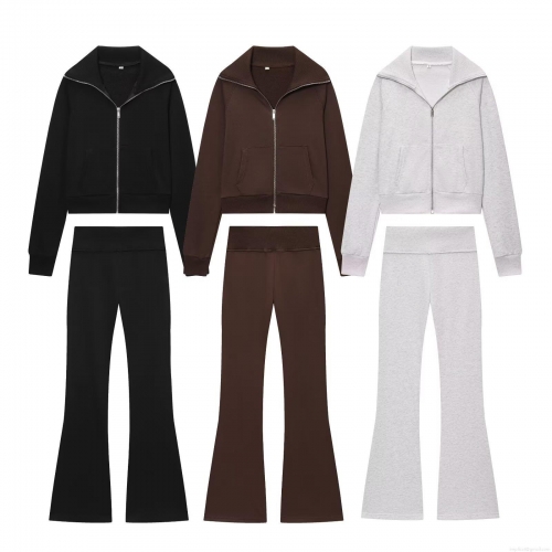 Women's Casual Fleece Two Piece Outfits Zipper Stand Collar Cropped Sweatshirt And High Waist Flared Sweatpants Solid Color Sporty Lounge Sets