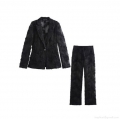 Women Black Sequin 3D Floral Lace Suit 2 Piece Set Semi-Transparent Blazer Long Pants Fashion Elegant Evening Party Outfit