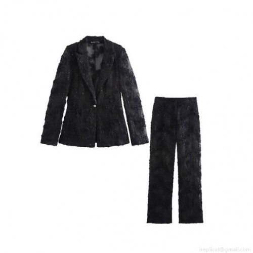 Women Black Sequin 3D Floral Lace Suit 2 Piece Set Semi-Transparent Blazer Long Pants Fashion Elegant Evening Party Outfit