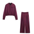 Women's Casual Wine Red Two Piece Set Solid Short Bomber Jacket and High Waist Wide Leg Pants Streetwear Outfits