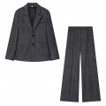 Women's Herringbone Tweed Two Piece Suit Set Business Blazer Jacket and High Waist Wide Leg Pants Streetwear Casual Office Dark Grey Outfits