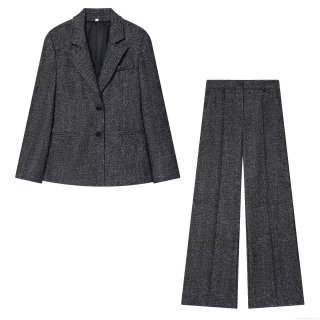 Women's Herringbone Tweed Two Piece Suit Set Business Blazer Jacket and High Waist Wide Leg Pants Streetwear Casual Office Dark Grey Outfits