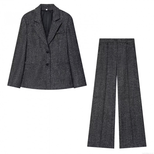 Women's Herringbone Tweed Two Piece Suit Set Business Blazer Jacket and High Waist Wide Leg Pants Streetwear Casual Office Dark Grey Outfits