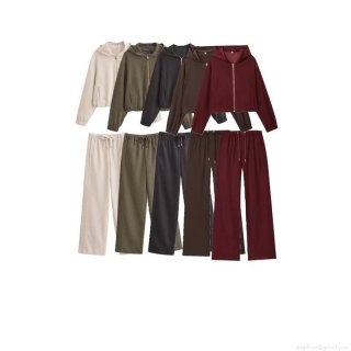 Women's Casual 2 Piece Hoodie Set Zip Up Hooded Sweatshirt And Wide Leg Trousers Drawstring Waist Long Pants Solid Color Sport Tracksuit Women