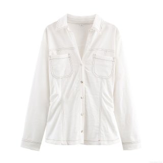 Women's Fashion Casual White Denim Shirt And Flare Pants Two Piece Set Contrast Topstitched Long Sleeve Shirt High Waist Wide Leg Trousers Outfits For Streetwear Women