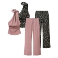 Women's Satin Halter Neck Scarf Top And Polka Dot High Waist Flare Pants Separates Sexy Backless Ruched Crop Top Wide Leg Trousers Two Piece Outfits For Party Streetwear Clubwear