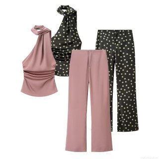 Women's Satin Halter Neck Scarf Top And Polka Dot High Waist Flare Pants Separates Sexy Backless Ruched Crop Top Wide Leg Trousers Two Piece Outfits For Party Streetwear Clubwear