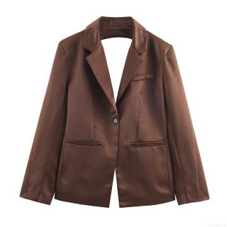 Women's Satin Three Piece Set Backless Blazer Wide Leg Pants And Tube Top Solid Color Streetwear Party Elegant Brown Suit