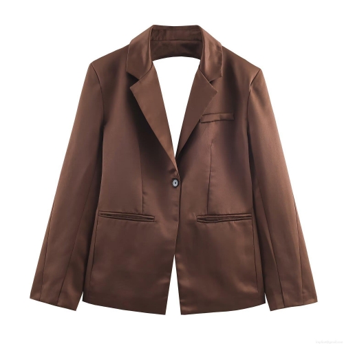 Women's Satin Three Piece Set Backless Blazer Wide Leg Pants And Tube Top Solid Color Streetwear Party Elegant Brown Suit