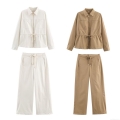 Women Fashion Casual Polyester 2 Piece Set Solid Color Long Sleeve Lapel Zipper Jacket With Drawstring Waist And Matching Straight Leg Pants Khaki White Autumn Outfit For Streetwear