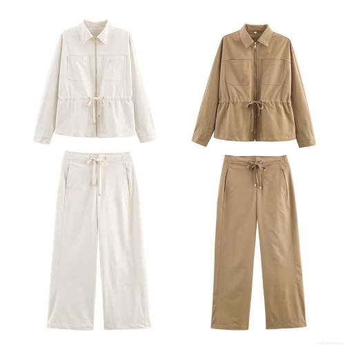 Women Fashion Casual Polyester 2 Piece Set Solid Color Long Sleeve Lapel Zipper Jacket With Drawstring Waist And Matching Straight Leg Pants Khaki White Autumn Outfit For Streetwear