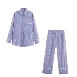 Women's Casual Poplin Contrast Stripe Pajama Style Set Long Sleeve Button Down Shirt And Wide Leg Pants Set Blue Purple White Stripe Loungewear Streetwear