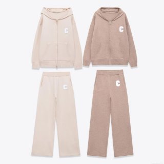 Women's Knitted Casual 2 Piece Set Zipper Hooded Jacket And Wide Leg Pants Solid Color Letter C Embroidery Oversized Tracksuit For Autumn Winter