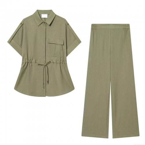 Women's 2 Piece Outfits Casual Short Sleeve Lapel Button Down Shirt with High Waist Wide Leg Pants Set Solid Color Utility Workwear Style Streetwear for Women