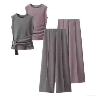 Women's Fashion Casual Two-Piece Set Buckle Trim Sleeveless Round Neck Top and High Waist Wide Leg Pants Solid Color Knitted Streetwear Outfits For Women