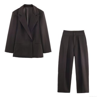 Women's Elegant Two Piece Blazer and Pants Set Solid Color Double Breasted Loose Fit Office Lady Suits Outfits Streetwear Casual Wide Leg Trousers