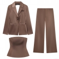 Women's Satin 3 Piece Suit Set Backless Blazer With Tube Top And High Waist Wide Leg Trousers Brown Silk Feel Party Evening Streetwear Elegant Outfit