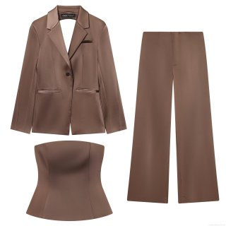 Women's Satin 3 Piece Suit Set Backless Blazer With Tube Top And High Waist Wide Leg Trousers Brown Silk Feel Party Evening Streetwear Elegant Outfit