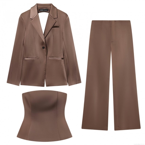 Women's Satin 3 Piece Suit Set Backless Blazer With Tube Top And High Waist Wide Leg Trousers Brown Silk Feel Party Evening Streetwear Elegant Outfit