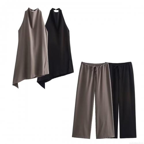 Women's 2 Piece Pants Set Minimalist Polyester Halter Neck Irregular Hem Sleeveless Top And Wide Leg Drawstring Pants Casual Streetwear Outfit