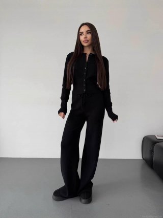 Women's 2 Piece Knit Lounge Set Casual Long Sleeve Button Down Cardigan Top And High Waist Wide Leg Pants Autumn Winter Solid Color Outfits
