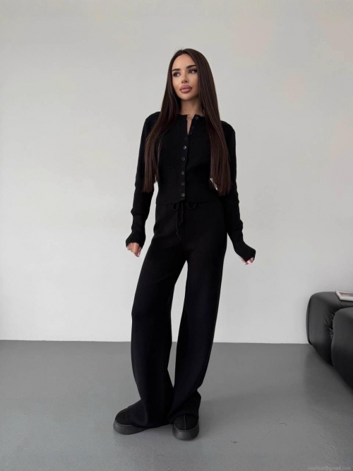 Women's 2 Piece Knit Lounge Set Casual Long Sleeve Button Down Cardigan Top And High Waist Wide Leg Pants Autumn Winter Solid Color Outfits