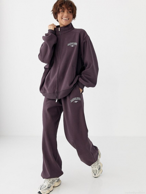 Women's Streetwear Athletic Tracksuit Set Cotton Embroidery Full Zip Sweatshirt Jacket And Wide Leg Pants Casual Oversized Outfits